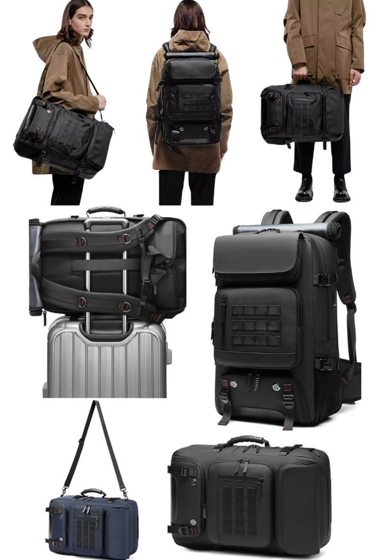 best 17" laptop travel backpack purse in heavy duty waterproof fabric with shoe compartment trolley sleeve built in charger convertible into a messenger or luggage bag for hiking, camping, sports or holiday large capacity up to 50L