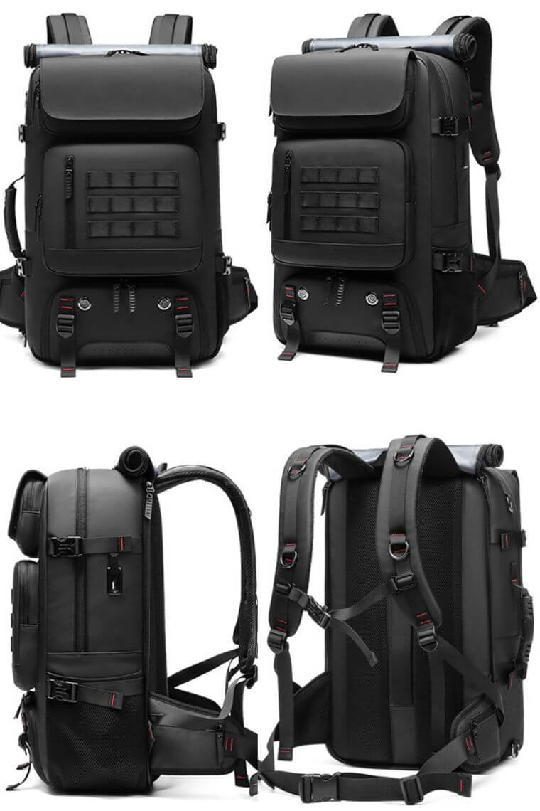 best 17" laptop travel backpack purse in black waterproof fabric with shoe compartment trolley sleeve built in charger convertible into a messenger or luggage bag for hiking, camping, sports or holiday large capacity up to 50L