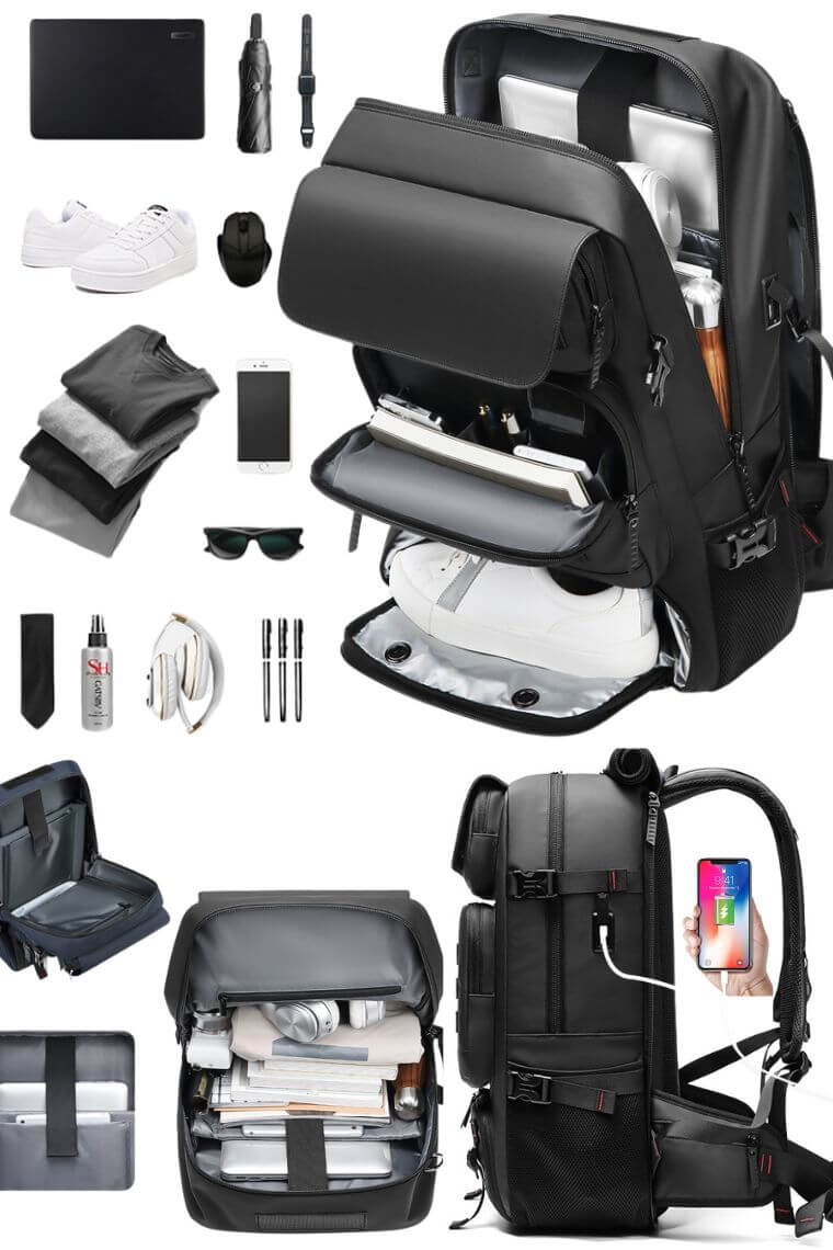 best 17" laptop travel backpack purse in heavy duty waterproof fabric with shoe compartment trolley sleeve built in charger convertible into a messenger or luggage bag for hiking, camping, sports or holiday large capacity up to 50L