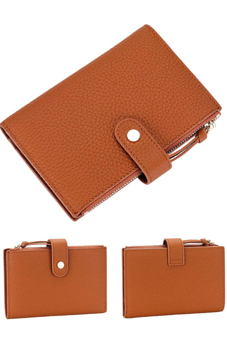 designer women cognac leather bifold credit card wallet with passport holder and money clip
