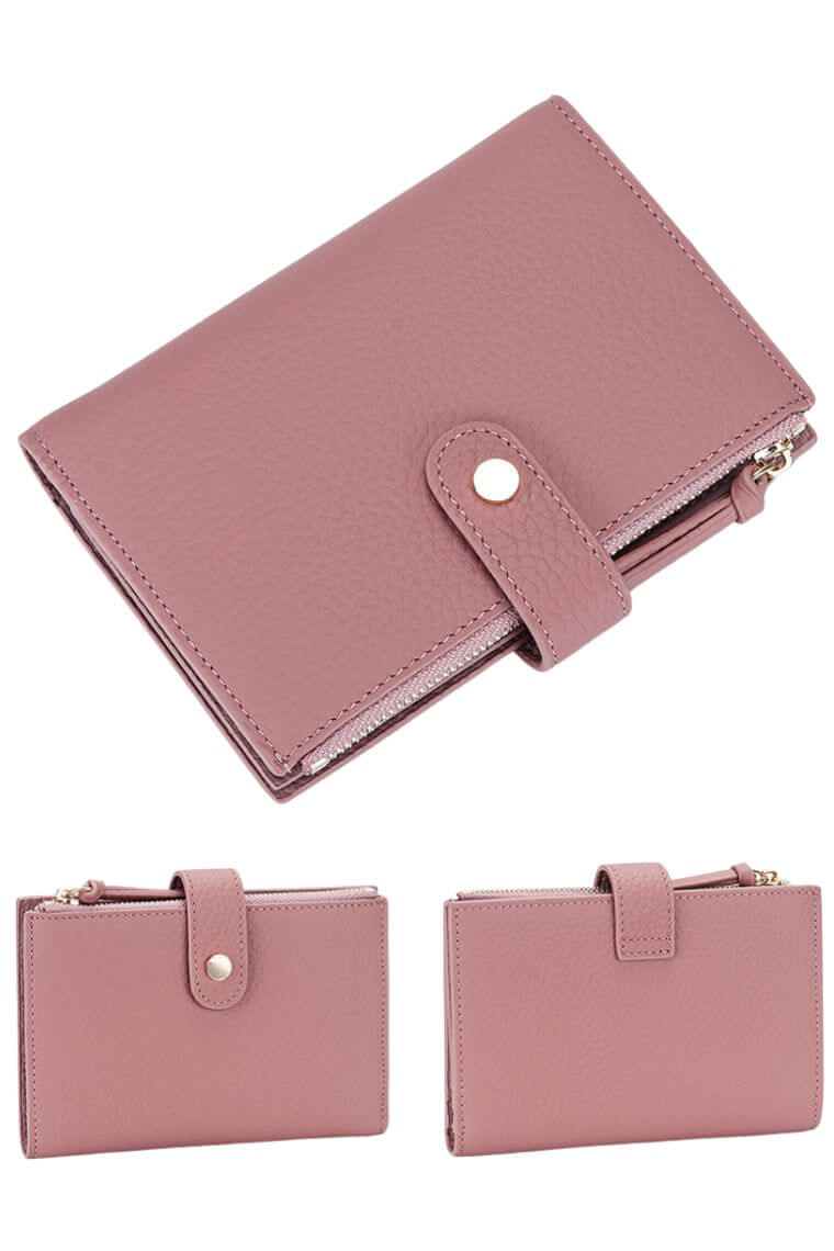 designer women pink leather bifold credit card wallet with passport holder and money clip