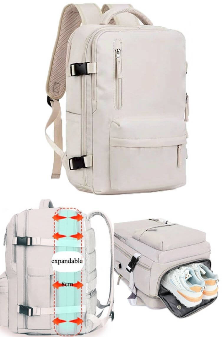 Beige expandable backpack in waterproof nylon for 16 inch laptop with shoe compartment trolley sleeve and dry wet separation for travel or hiking or sports unisex