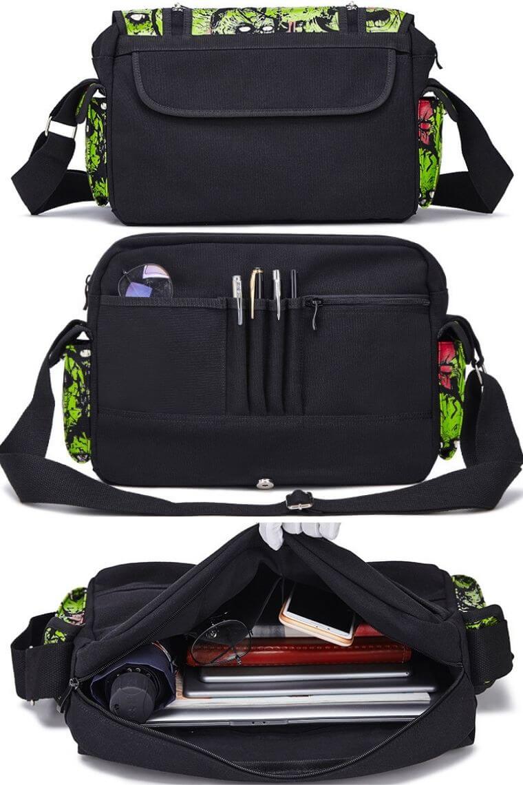 designer canvas crossbody messenger bag in gothic zombie prints with luminous glow in the dark effect for work or study women and men