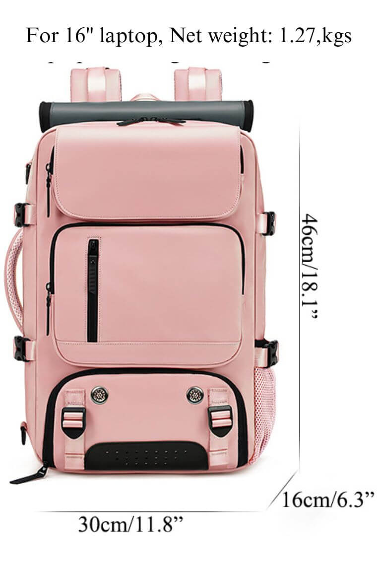 best travel backpack for 16 inch laptop in waterproof pink fabric with shoe compartment and trolley sleeve for business,hiking or camping convertible into a crossbody weekend bag or shoulder bag