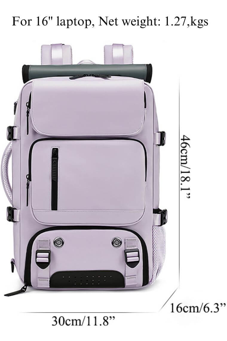 best travel backpack for 16 inch laptop in waterproof purple fabric with shoe compartment and trolley sleeve for business,hiking or camping convertible into a crossbody weekend bag or shoulder bag