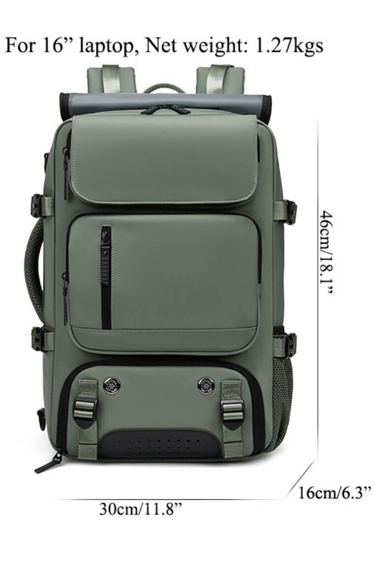 best travel backpack for 16 inch laptop in waterproof army green fabric with shoe compartment and trolley sleeve for business,hiking or camping convertible into a crossbody weekend bag or shoulder bag