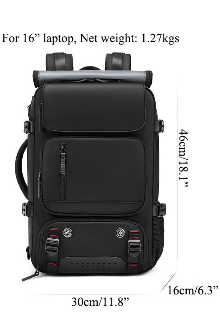 best travel backpack for 16 inch laptop in waterproof black fabric with shoe compartment and trolley sleeve for business,hiking or camping convertible into a crossbody weekend bag or shoulder bag