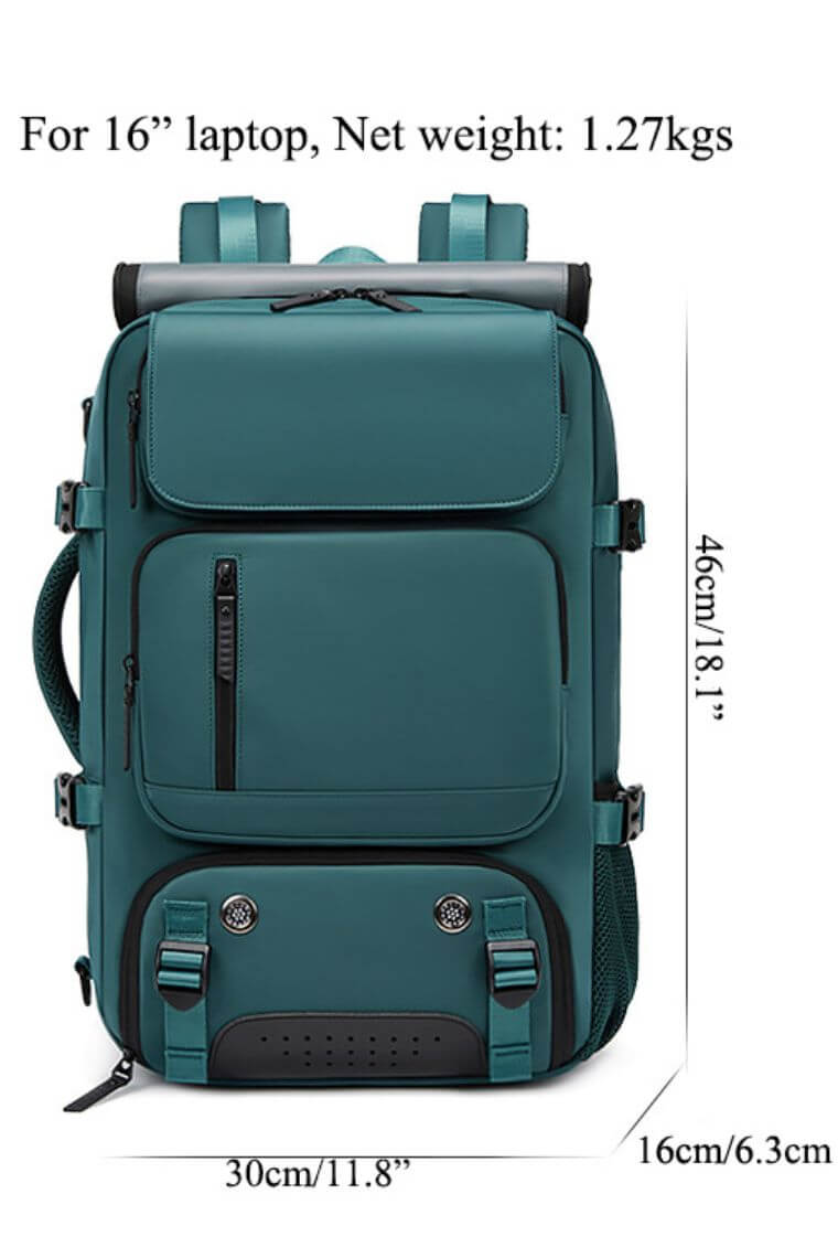 best travel backpack for 16 inch laptop in waterproof dark green fabric with shoe compartment and trolley sleeve for business,hiking or camping convertible into a crossbody weekend bag or shoulder bag