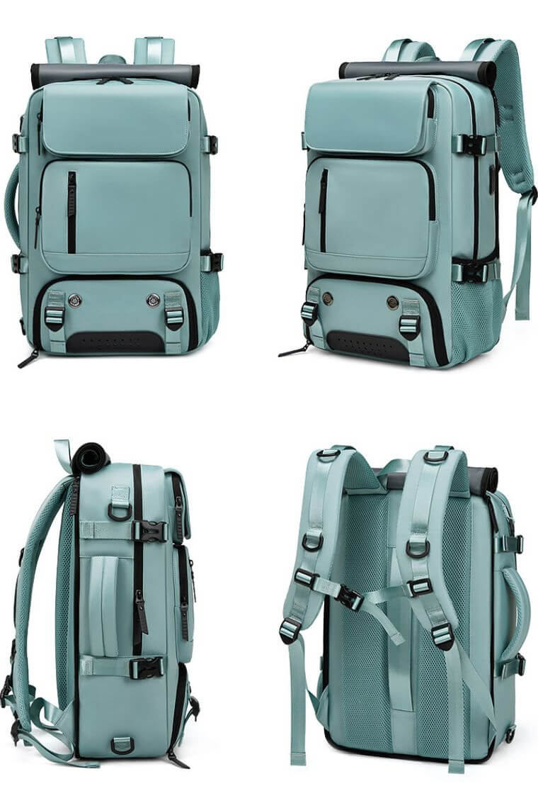 best travel backpack for 16 inch laptop in waterproof light green fabric with shoe compartment and trolley sleeve for business,hiking or camping convertible into a crossbody weekend bag or shoulder bag