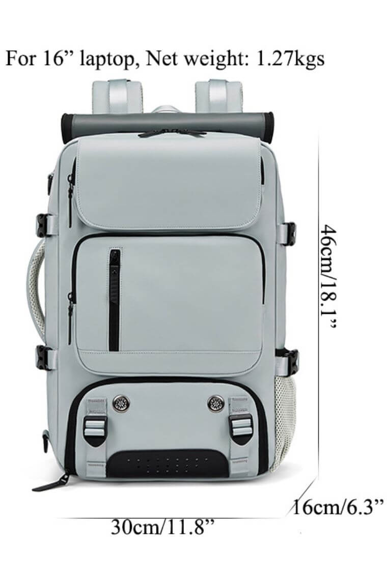 best travel backpack for 16 inch laptop in waterproof light grey fabric with shoe compartment and trolley sleeve for business,hiking or camping convertible into a crossbody weekend bag or shoulder bag