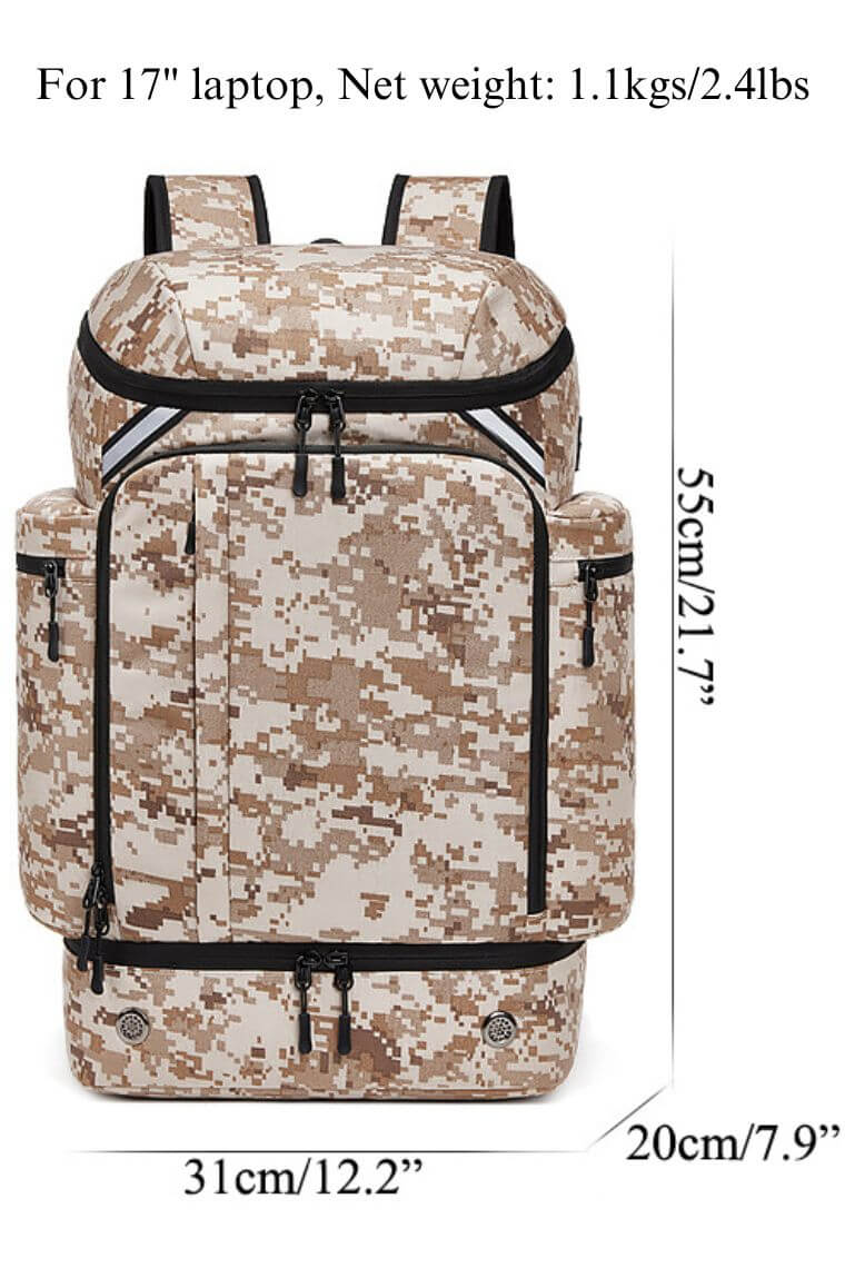 Best unisex travel backpack for 17 inch laptop with shoe compartment & trolley sleeve in camouflage waterproof oxford fabric with reflective strip