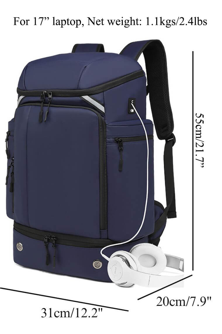 Best unisex travel backpack for 17 inch laptop with shoe compartment & trolley sleeve in navy waterproof oxford fabric with reflective strip