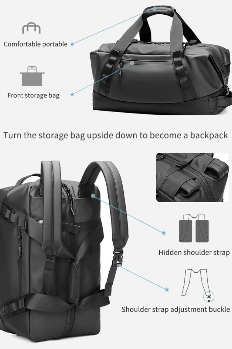 black backpack tote bag in waterproof nylon with wet dry separation for women or men travel or holiday