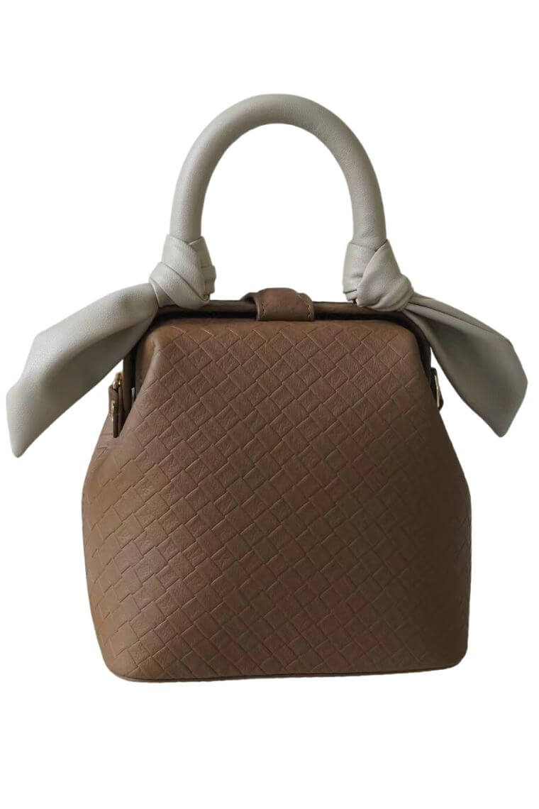 women cute small purse in brown embossed leather with cream bunny ears | fashion mini handbag with top handle & cross body strap | best phone bag with magnet tab closure