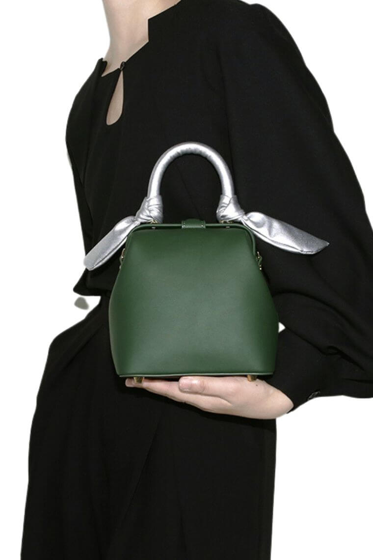 women cute small purse in dark green leather with silver bunny ears | fashion mini handbag with top handle & cross body strap | best phone bag with magnet tab closure