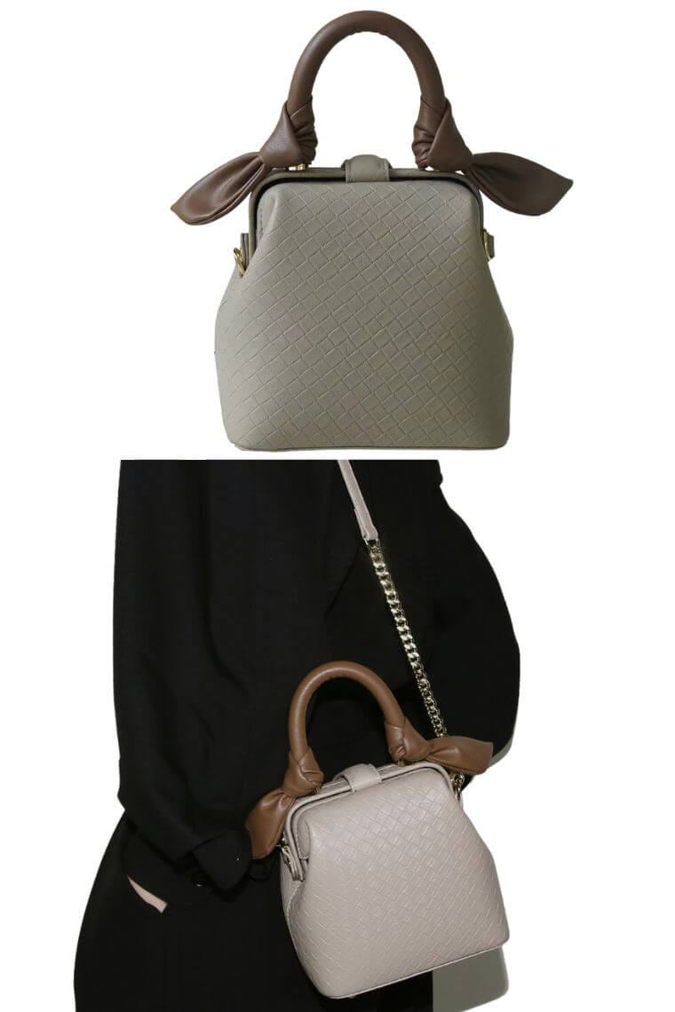 women cute small purse in grey embossed leather with brown bunny ears | fashion mini handbag with top handle & cross body strap | best phone bag with magnet tab closure
