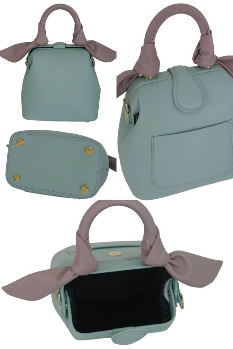 women cute small purse in mint green leather with pink bunny ears | fashion mini handbag with top handle & cross body strap | best phone bag with magnet tab closure
