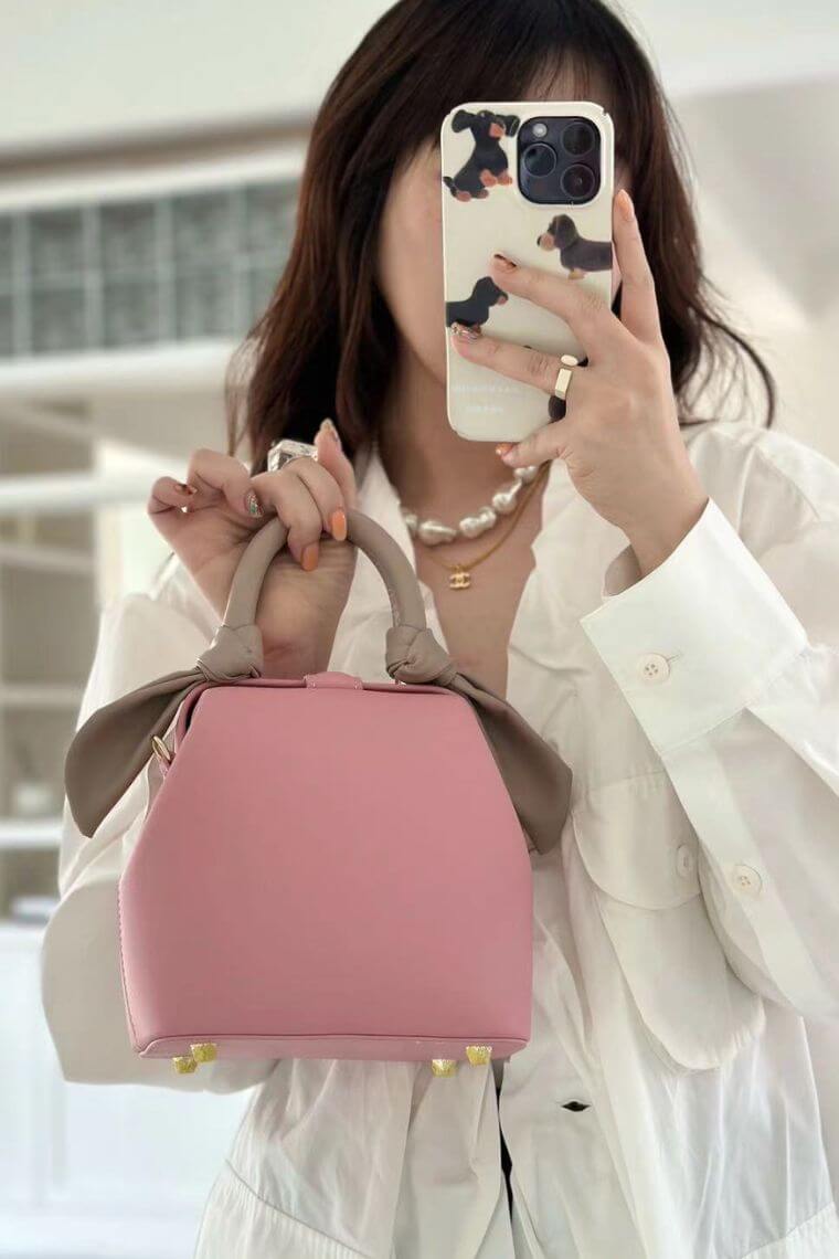 women cute small purse in pink leather with grey bunny ears | fashion mini handbag with top handle & cross body strap | best phone bag with magnet tab closure