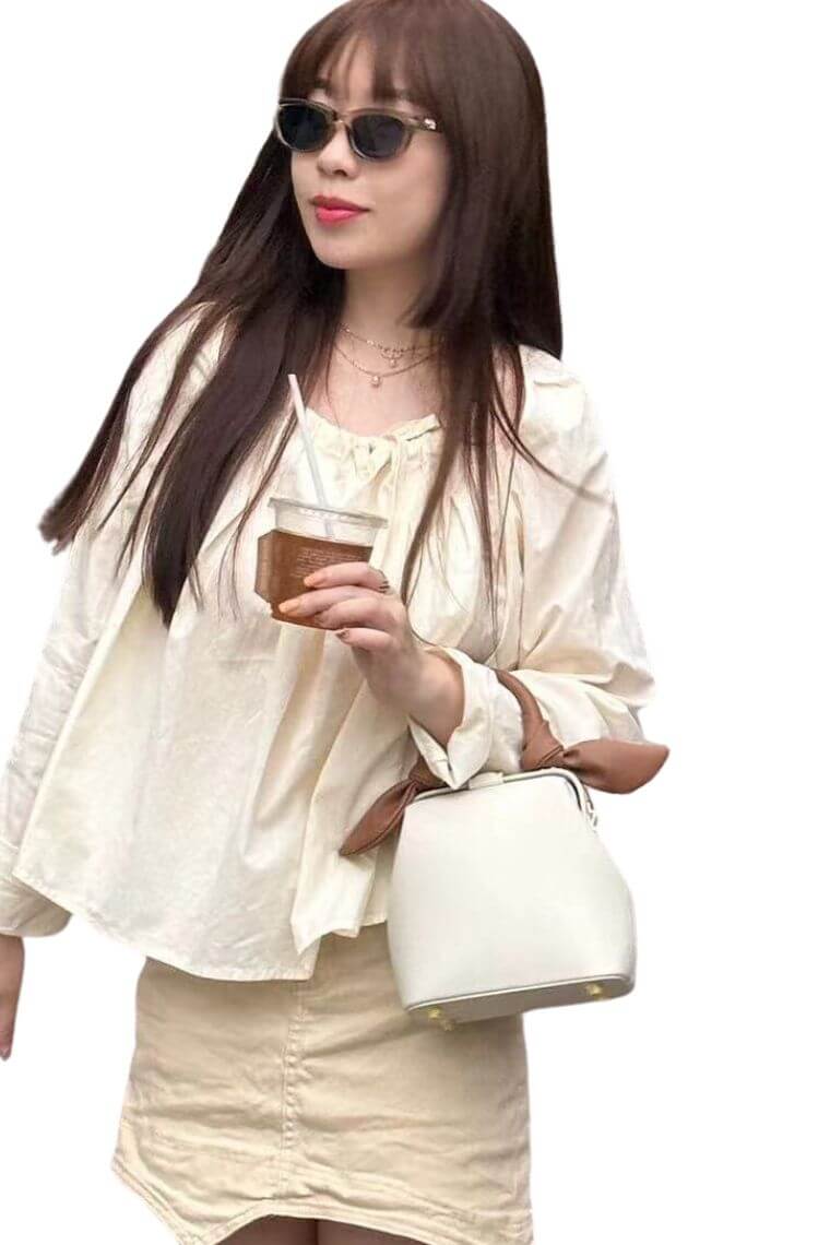 women cute small purse in cream leather with brown bunny ears | fashion mini handbag with top handle & cross body strap | best phone bag with magnet tab closure