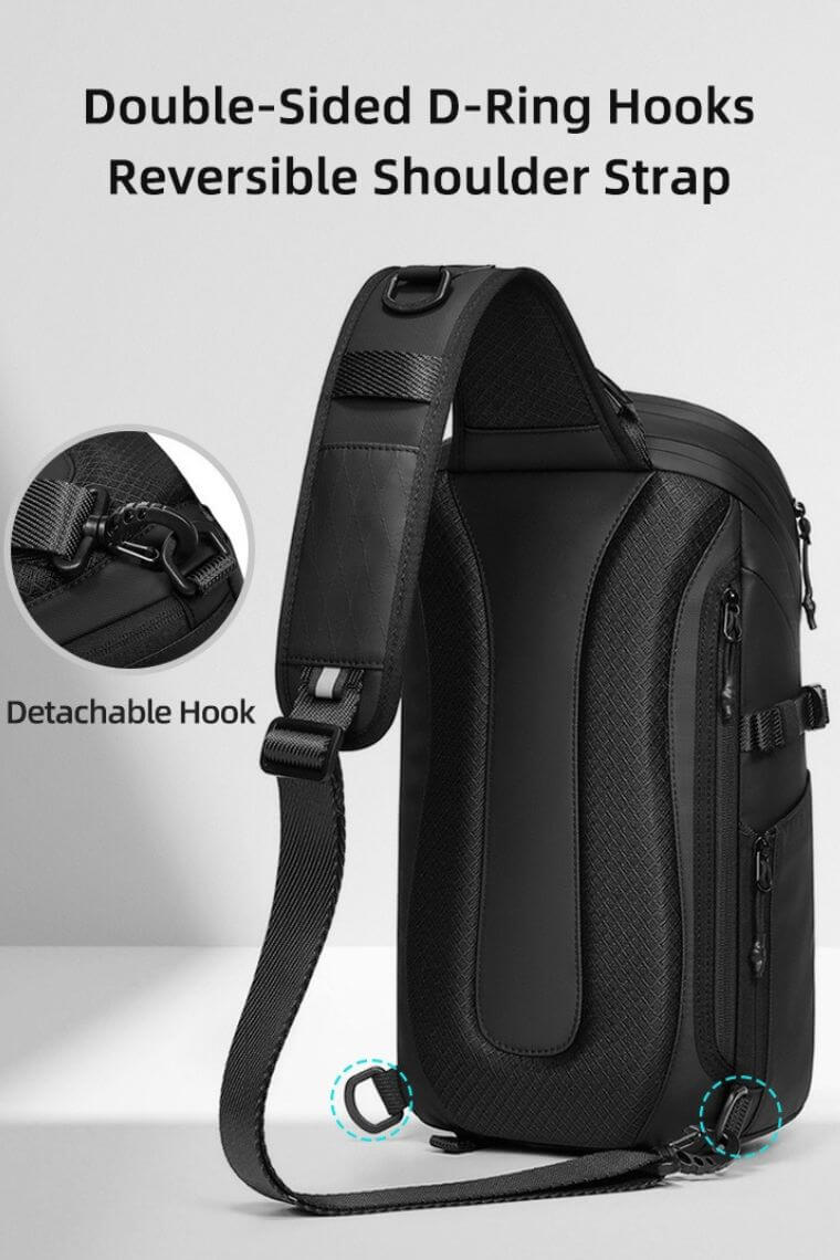 Designer one shoulder crossbody chest bag fanny pack in water-resistant heavy-duty fabric with dry-wet separation and USB & type-C charging ports for travel work or everyday use for men or women