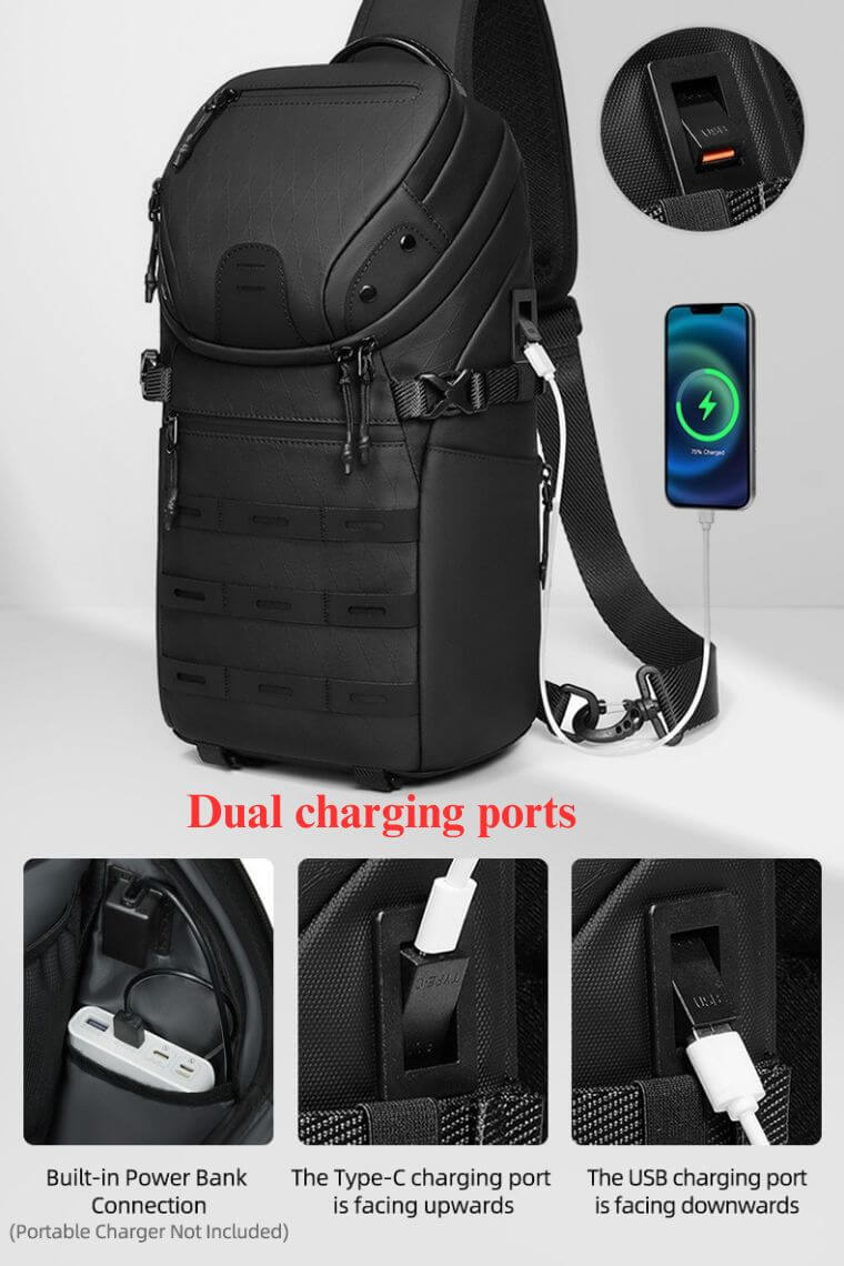 Designer one shoulder crossbody chest bag fanny pack in water-resistant heavy-duty fabric with dry-wet separation and USB & type-C charging ports for travel work or everyday use for men or women