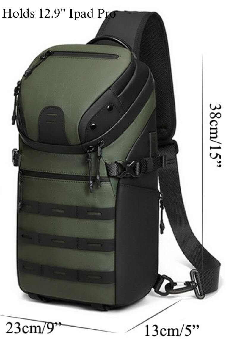 Designer one shoulder crossbody chest bag fanny pack in water-resistant green fabric with dry-wet separation and USB & type-C charging ports for travel work or everyday use for men or women