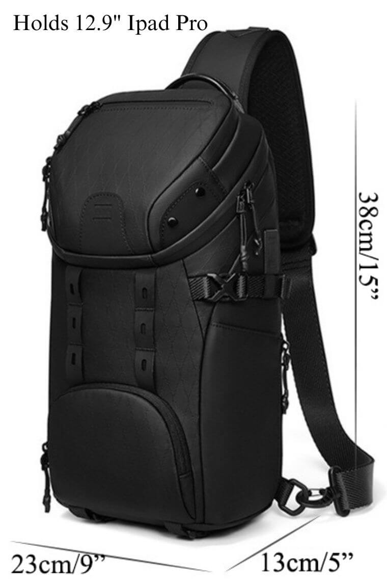 Designer one shoulder crossbody chest bag fanny pack in water-resistant stylish black fabric with dry-wet separation and USB & Type-C charging ports for travel work or everyday use for men or women