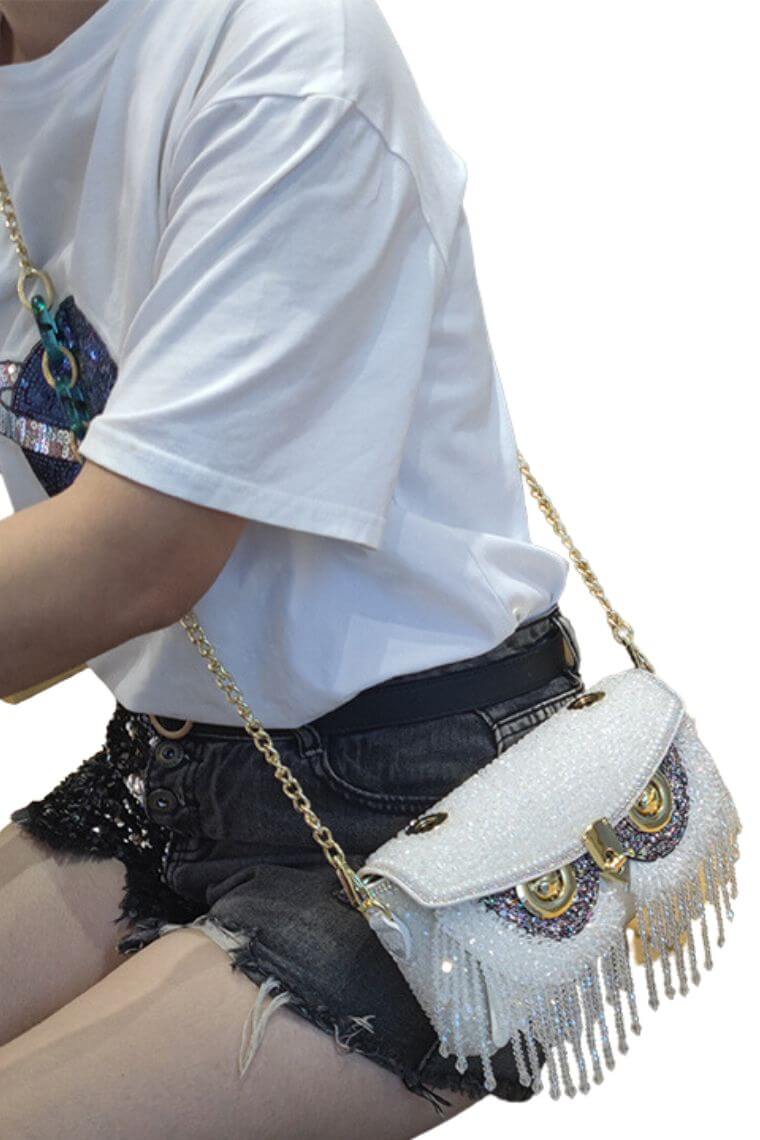 Designer white bling evening clutch bag with cute owl head and crossbody chain strap | Unique party bag with bling tassel and flap closure