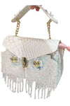 Designer white snake evening clutch bag with cute bling owl head and crossbody chain strap | Unique party bag with bling tassel and flap closure