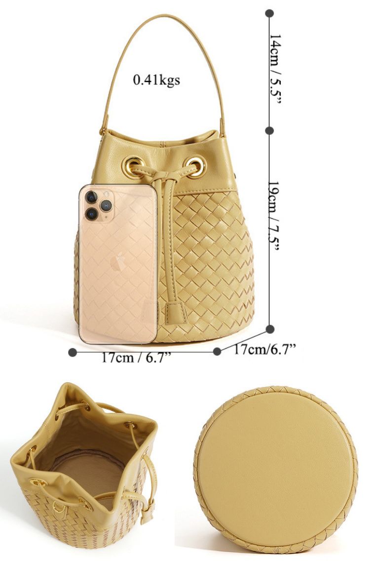 women leather woven small bucket bag with drawstring closure, top handle & detachable crossbody strap | designer cute mini bucket purse in real leather