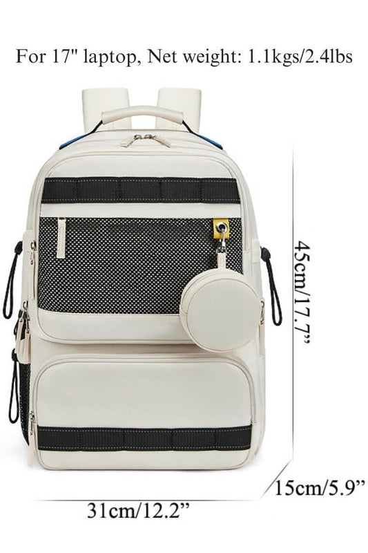 Travel backpack for 17" laptop in beige water resistant fabric with dry wet separation, trolley sleeve and detachable small purse for business, hiking, camping,holiday or sports for men or women