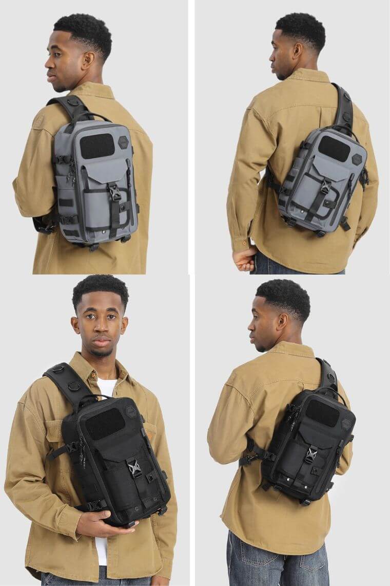 unique one strap backpack purse in water-resistant heavy-duty fabric with concealed pockets convertible into a chest bag shoulder bag or crossbody sling bag for 12" iPad Pro, perfect for men or women