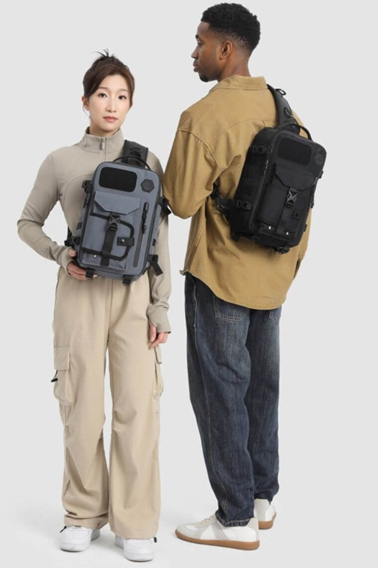 unique one strap backpack purse in water-resistant heavy-duty fabric with concealed pockets convertible into a chest bag shoulder bag or crossbody sling bag for 12" iPad Pro, perfect for men or women