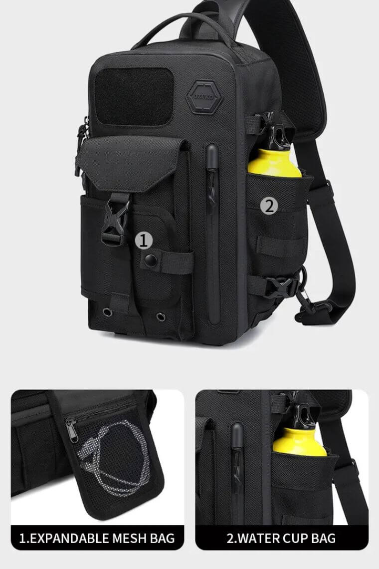 unique one strap backpack purse in water-resistant heavy-duty fabric with concealed pockets convertible into a chest bag shoulder bag or crossbody sling bag for 12" iPad Pro, perfect for men or women