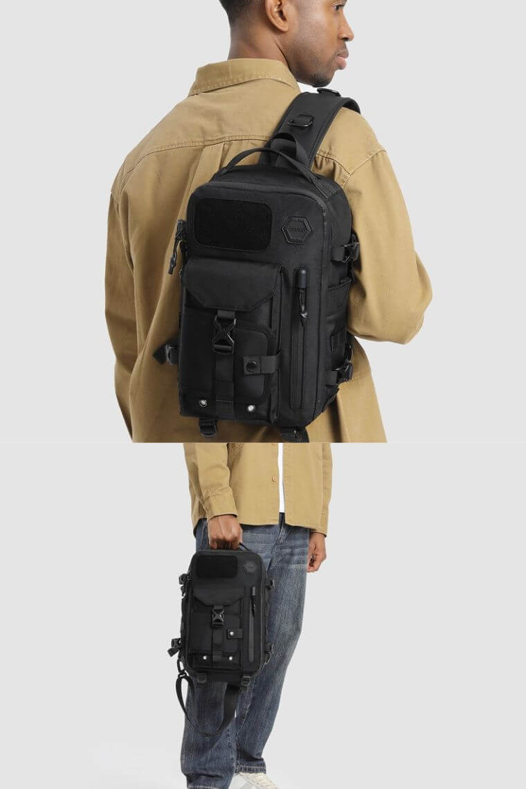 unique one strap backpack purse in water-resistant heavy-duty fabric with concealed pockets convertible into a chest bag shoulder bag or crossbody sling bag for 12" iPad Pro, perfect for men or women