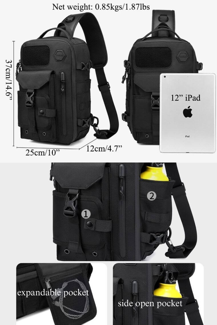 unique one strap backpack purse in water-resistant heavy-duty fabric with concealed pockets convertible into a chest bag shoulder bag or crossbody sling bag for 12" iPad Pro, perfect for men or women