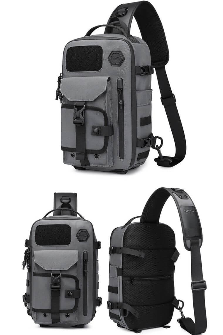 unique one strap backpack purse in water-resistant gray fabric with concealed pockets convertible into a chest bag shoulder bag or crossbody sling bag for 12" iPad Pro, perfect for men or women