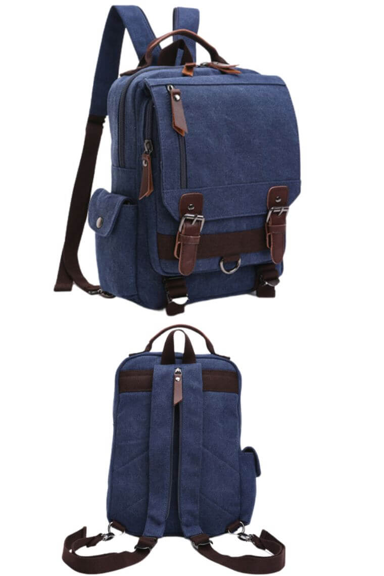 unisex dark blue canvas backpack with top handle convertible into a crossbody sling bag with multi zip pockets holds A4 books & 9.7 iPad for travel or everyday use