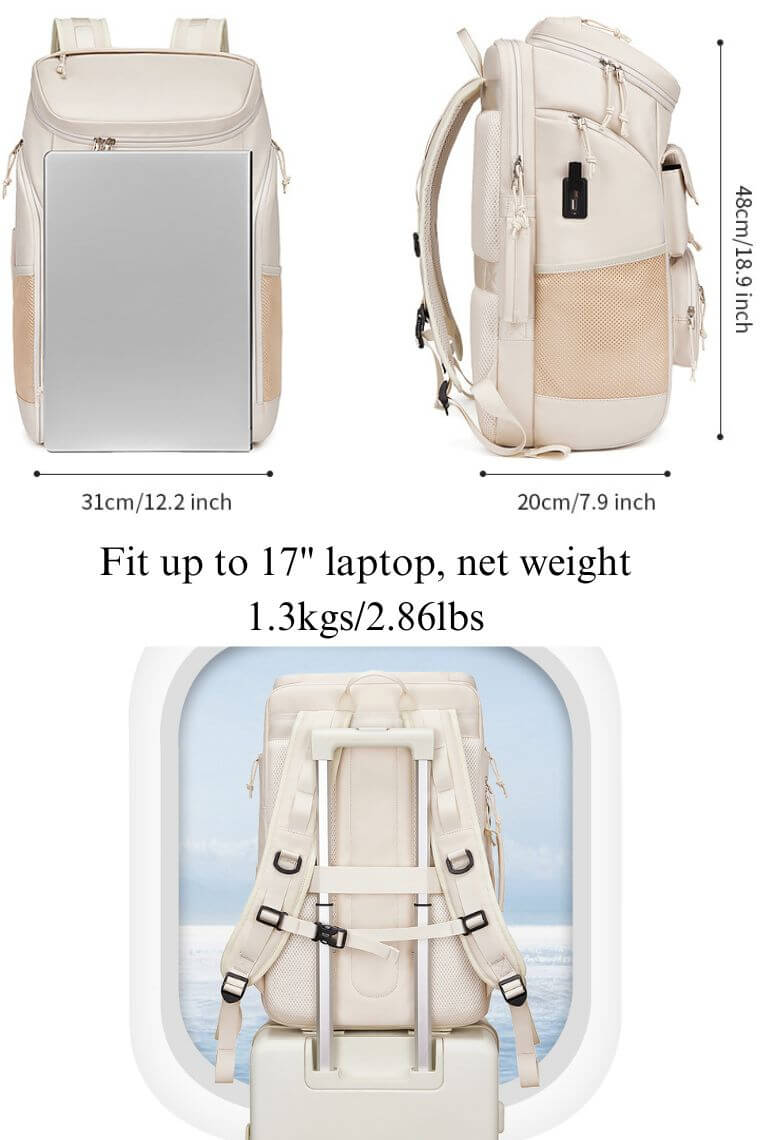 unisex laptop travel backpack with shoe compartment thermal pocket & trolley sleeve & built-in USB charger in water resistant fabric for hiking, camping, holiday or work