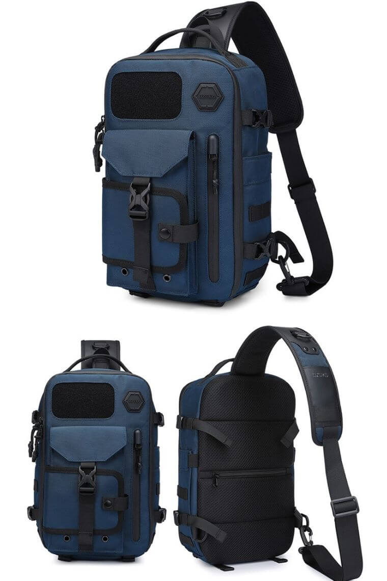 unique one strap backpack purse in water-resistant blue fabric with concealed pockets convertible into a chest bag shoulder bag or crossbody sling bag for 12" iPad Pro, perfect for men or women