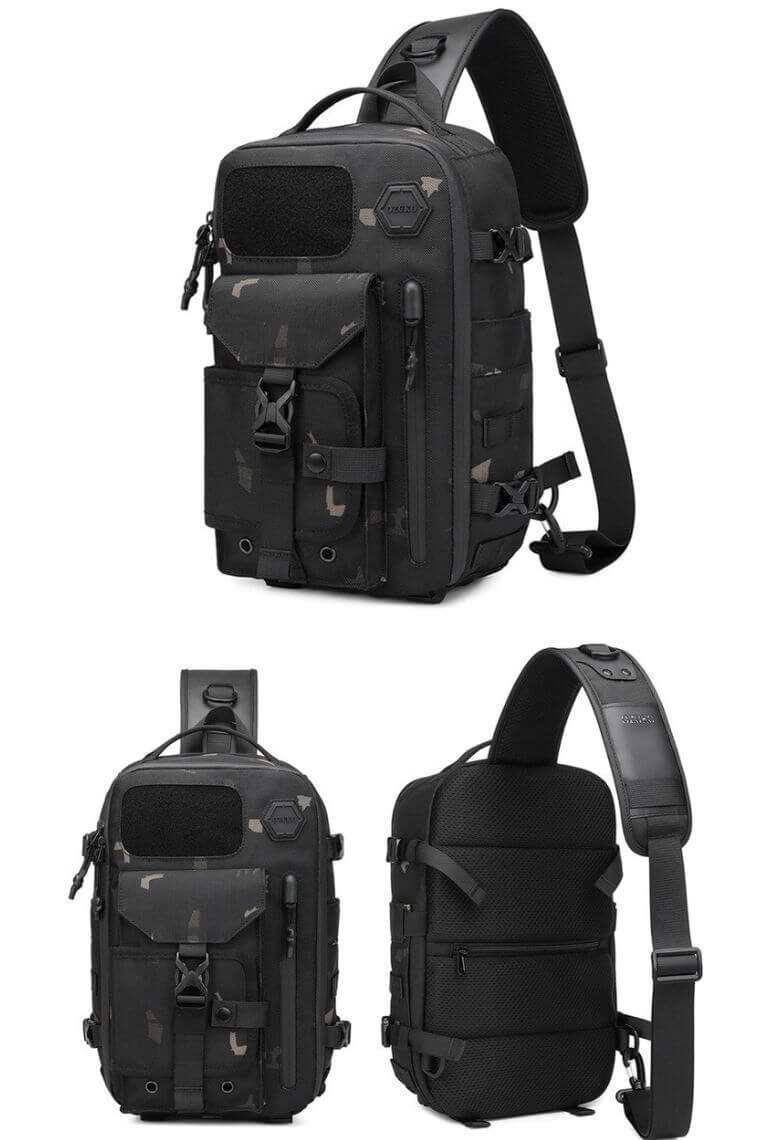 unique one strap backpack purse in water-resistant camouflage fabric with concealed pockets convertible into a chest bag shoulder bag or crossbody sling bag for 12" iPad Pro, perfect for men or women