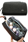 unisex black makeup bag with multi compartments to hold cosmetics or electronic accessories for travel or everyday use in waterproof Oxford fabric with top handle