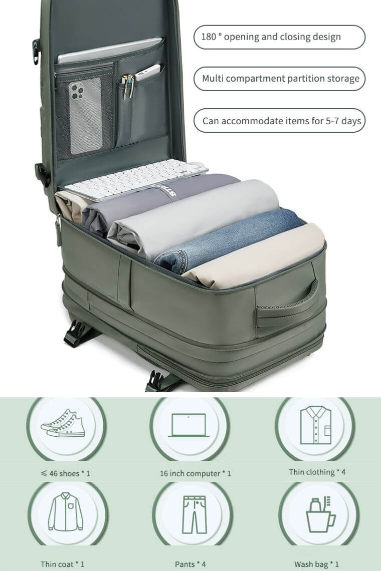 Custom backpack in waterproof nylon for 16 inch laptop with shoe compartment trolley sleeve and dry wet separation for travel or hiking or sports