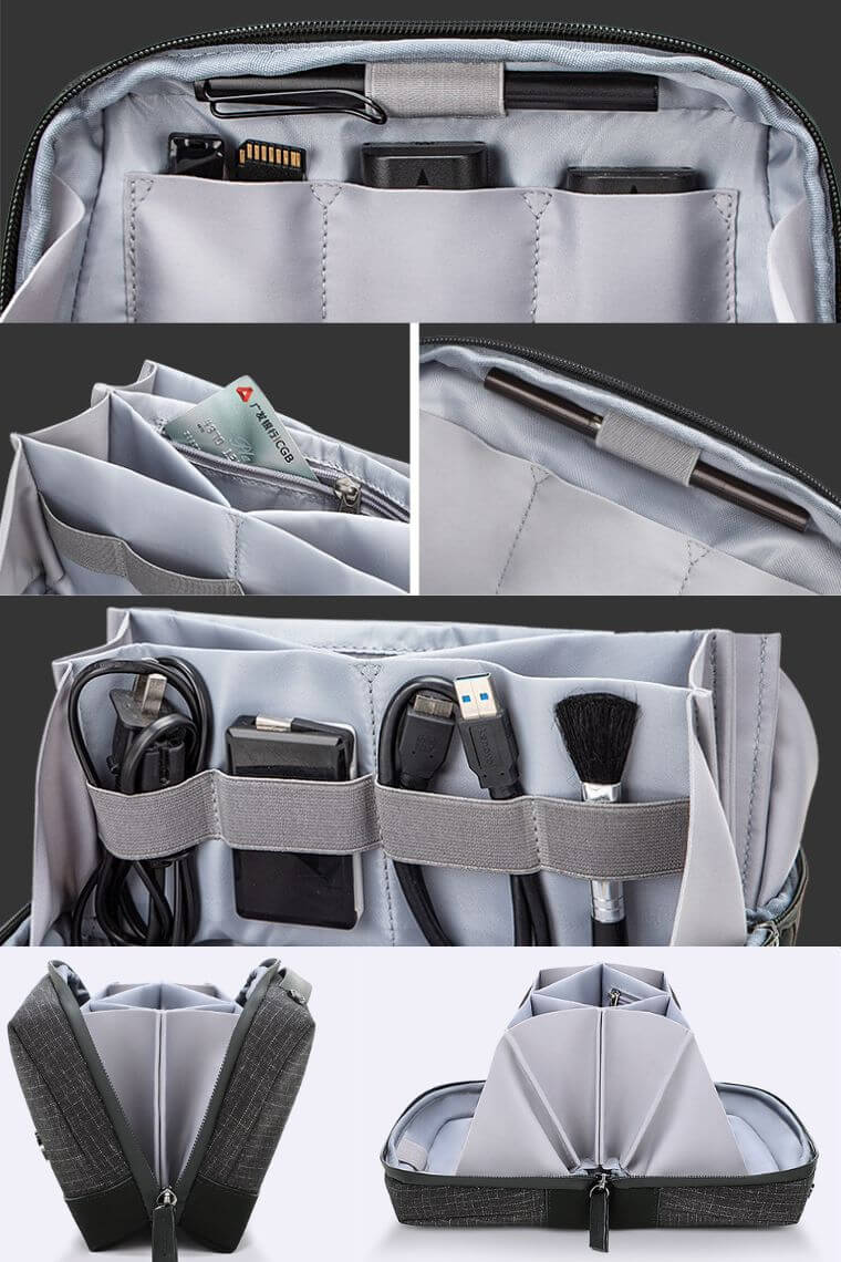 designer toilet pouch with multi compartments to hold cosmetics or electronic accessories for travel or everyday use in waterproof Oxford fabric with top handle for men or women