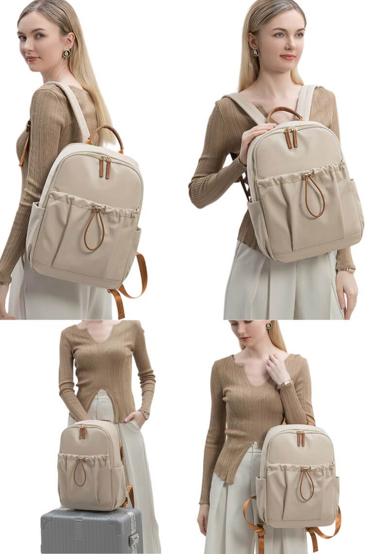 women 15 inch laptop backpack purse in beige water resistant fabric with trolley sleeve and drawstring front pocket for travel or work