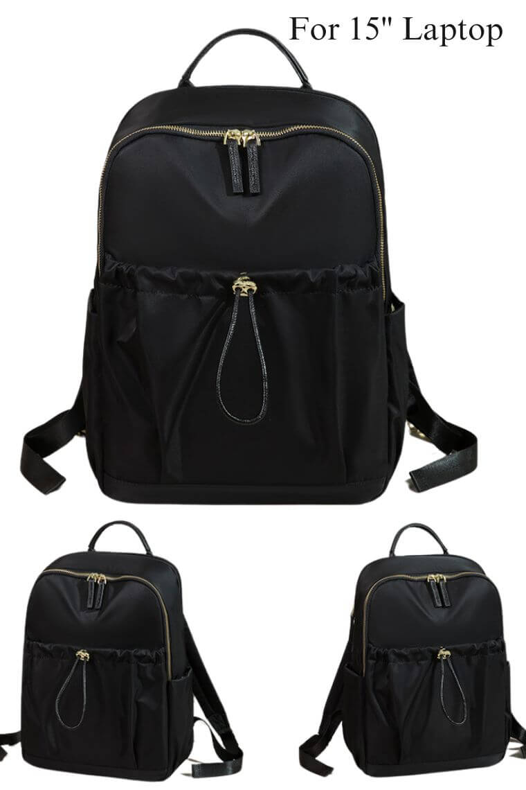 women 15 inch laptop backpack purse in black water resistant fabric with trolley sleeve and drawstring front pocket for travel or work
