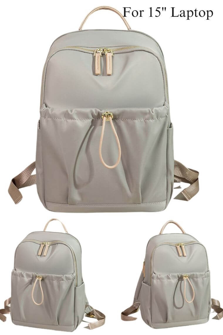 women 15 inch laptop backpack purse in light grey water resistant fabric with trolley sleeve and drawstring front pocket for travel or work