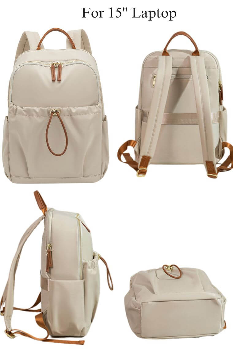 women 15 inch laptop backpack purse in beige water repellent fabric with trolley sleeve and drawstring front pocket for travel or work