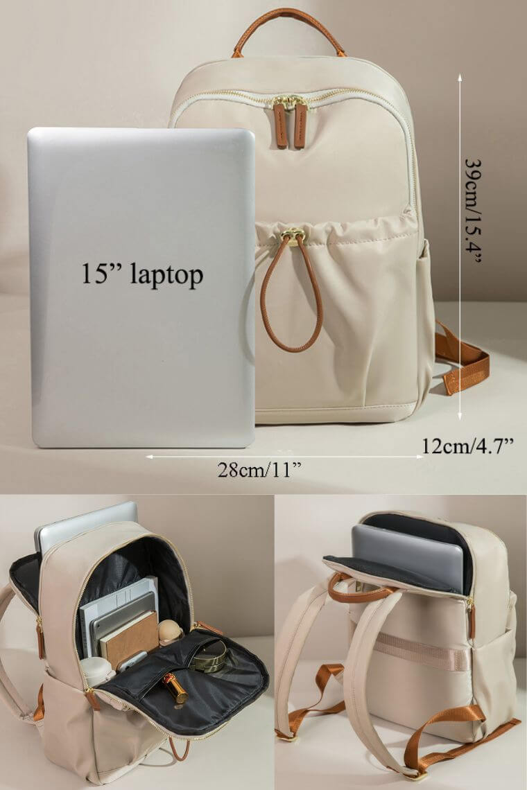 women 15 inch laptop backpack purse in water resistant fabric with trolley sleeve and drawstring front pocket for travel or work