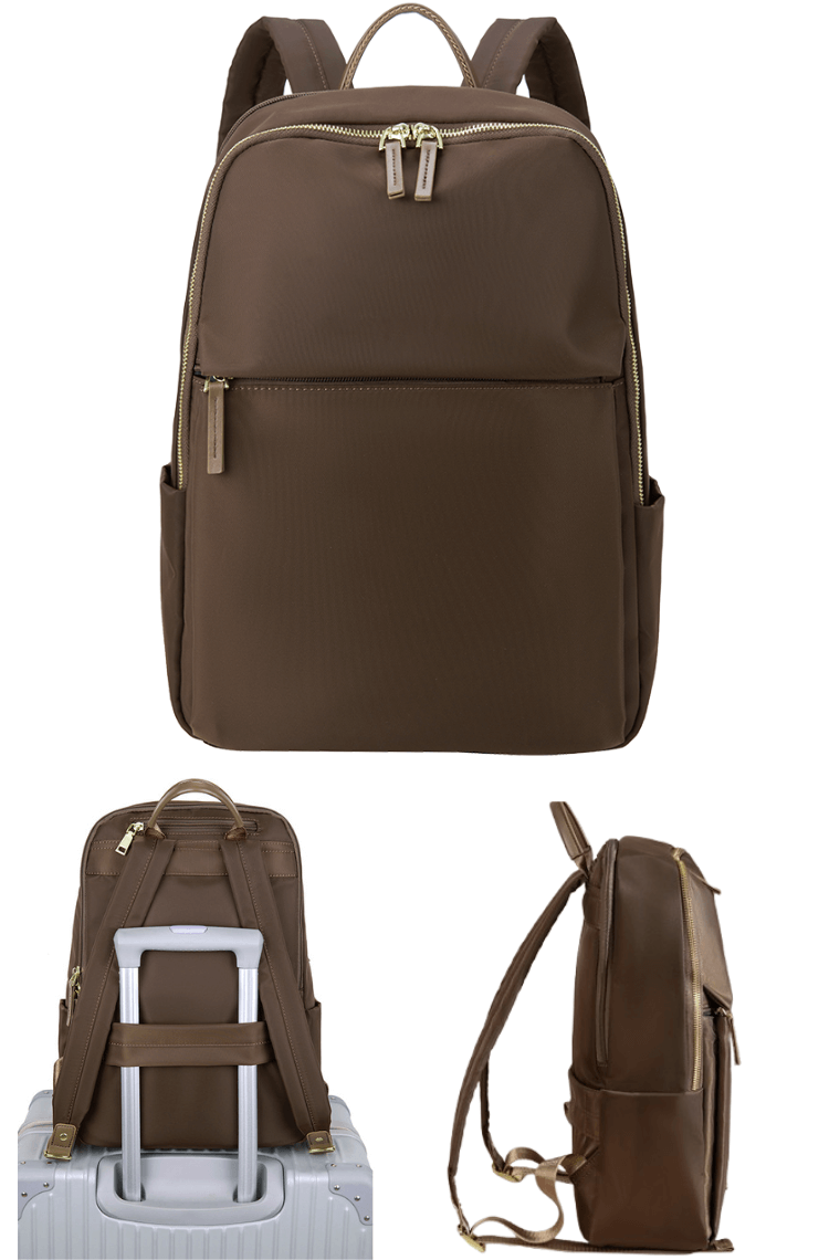 Fashion ladies' brown laptop backpack purse in lightweight water-resistant fabric with trolley sleeve for travel or business or everyday use